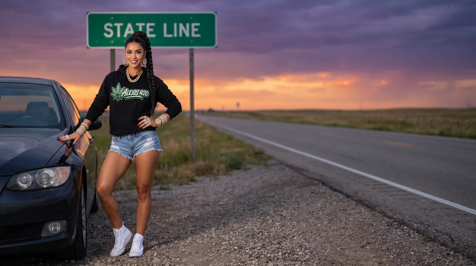 Alexis standing by a black car under a green STATE LINE highway sign at dusk