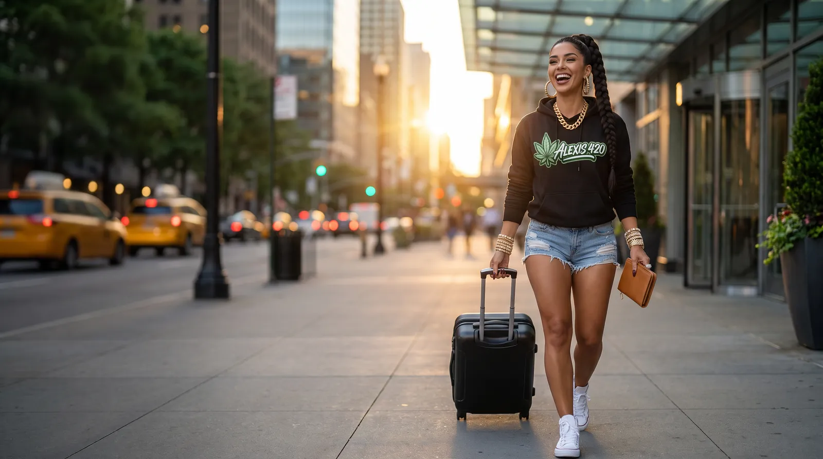 Alexis laughing as she walks a city sidewalk pulling a carry-on suitcase