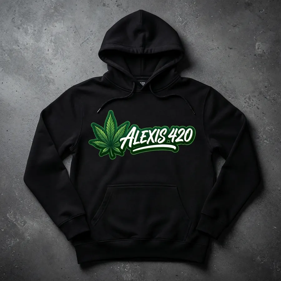 Black Alexis 420 hoodie with the green leaf logo