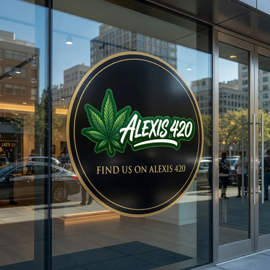 Alexis 420 window decal on a dispensary storefront